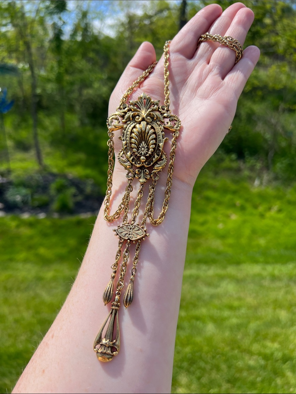 VTG Signed Arthur Pepper Victorian Style Gold Statement Necklace 3 Tier Tassel